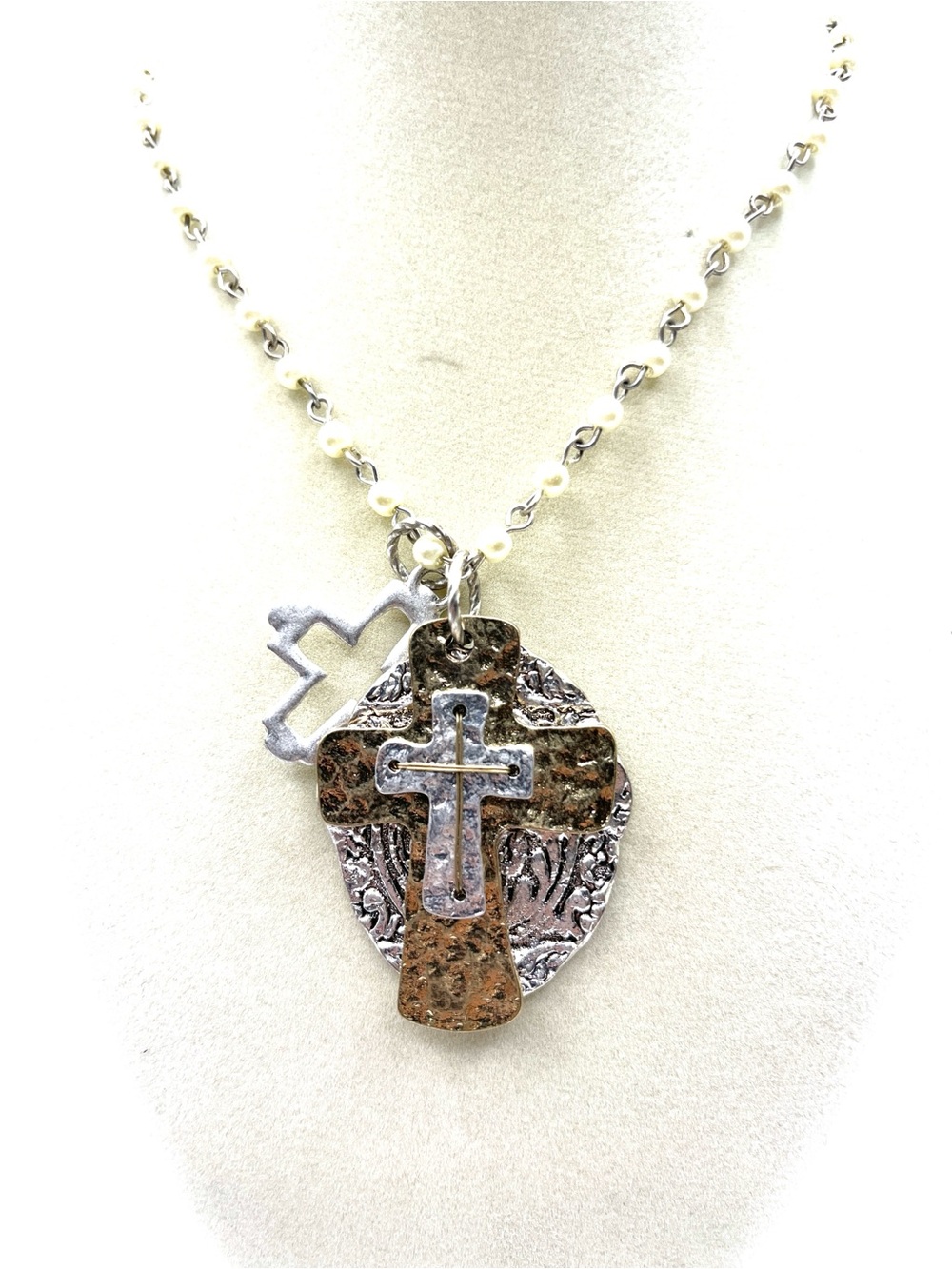Pearl Cross Pendant Necklace - Silver & Bronze Tones Mixed Tones